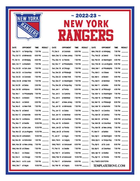 Ny Rangers Printable Schedule 2022-23