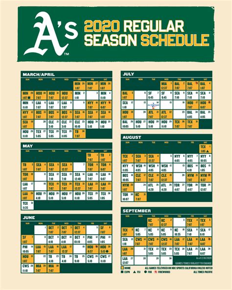 Oakland A's Printable Schedule
