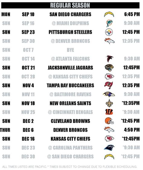 Oakland Raiders Printable Schedule