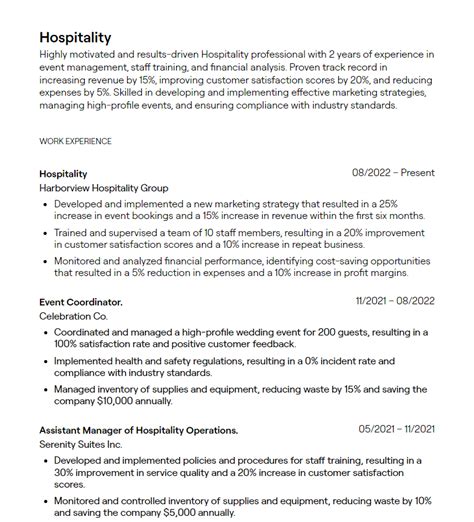 Resume Examples For Hospitality Best Resume Ideas