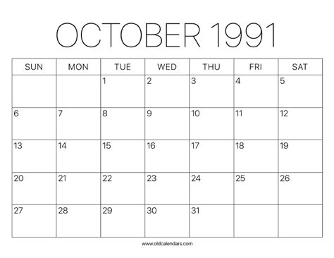 Oct 1991 Calendar