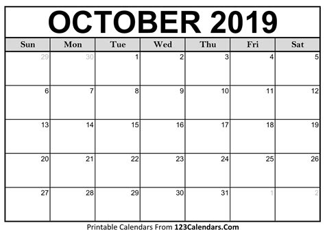 Oct Month Calendar