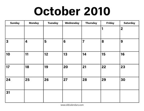 October 10 2010 Calendar