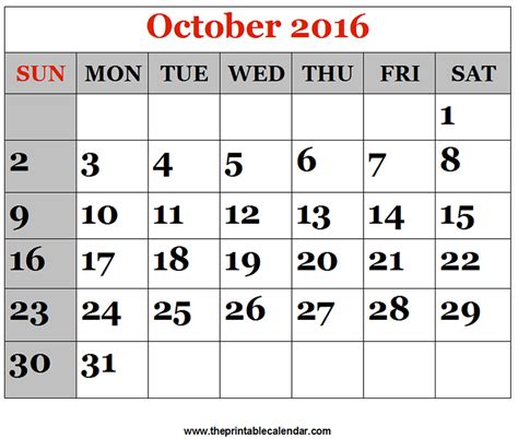 October 13 2016 Calendar