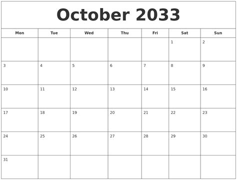 October 2033 Calendar