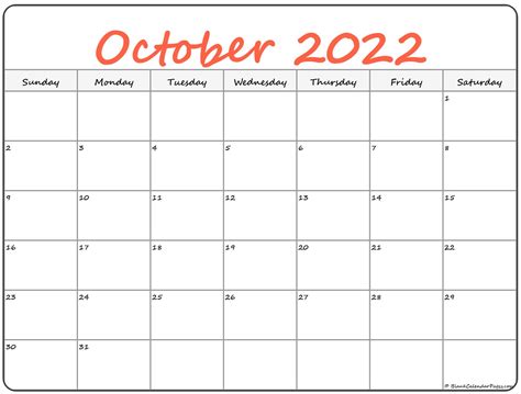 October Calendar 2022 Free Printable