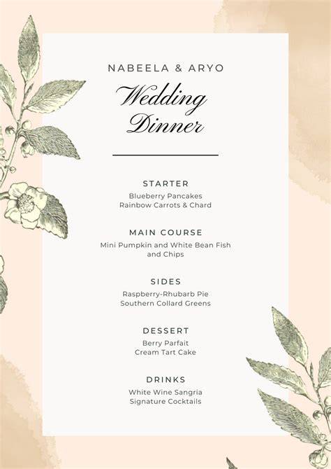 October 14 Wedding Menu