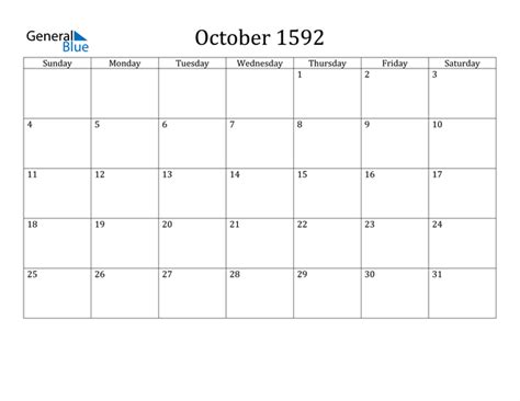 October 1592 Calendar