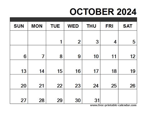 October 2024 printable calendar