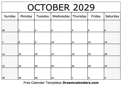 October 2029 Calendar