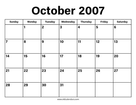 October Calendar 2007