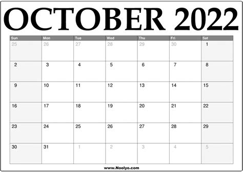 October Calendar 2022 Printable Free