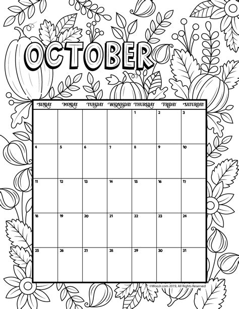 October Calendar Coloring Page