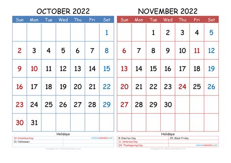 October November 2022 Calendar Printable