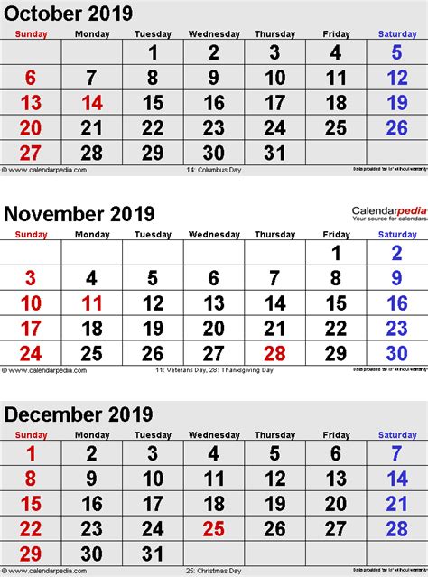 October November December2019 Calendar Printable