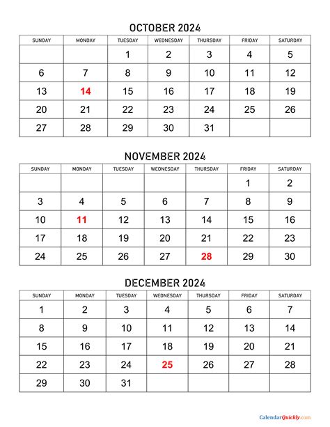 October To December Calendar