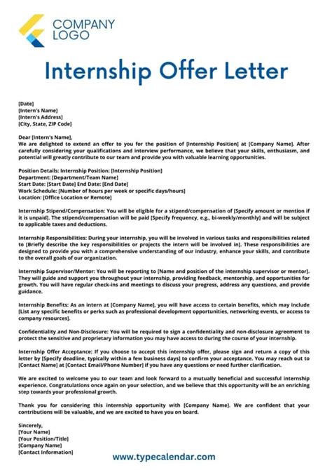 Offer Letter For Internship Template