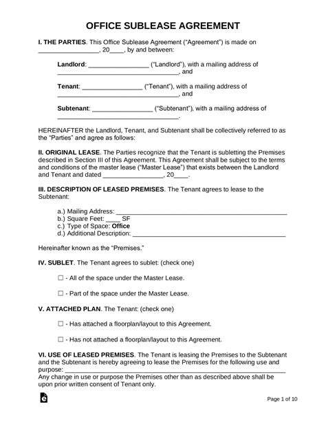 Office Sublease Agreement Template
