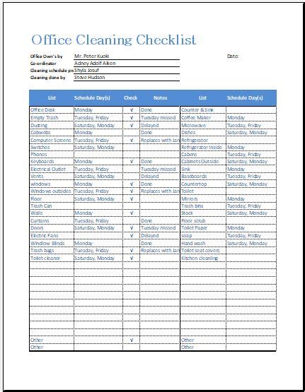Office Cleaning Checklist Template Excel