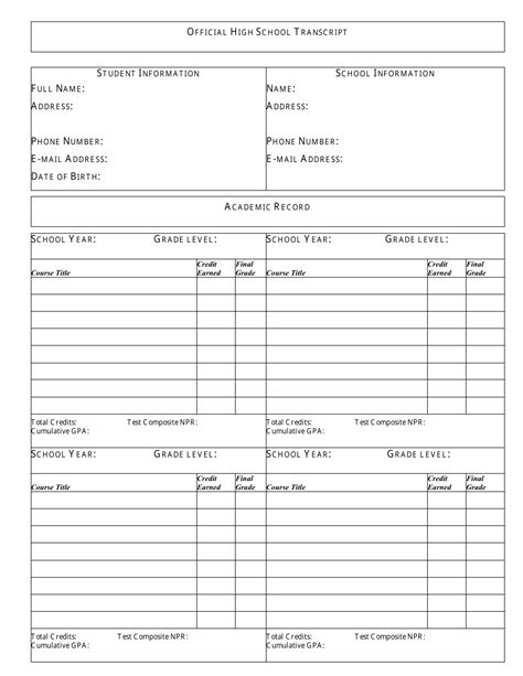 Official High School Transcript Template