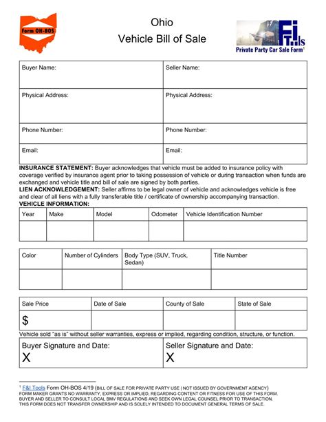 Ohio Motor Vehicle Bill of Sale Form Download Printable PDF