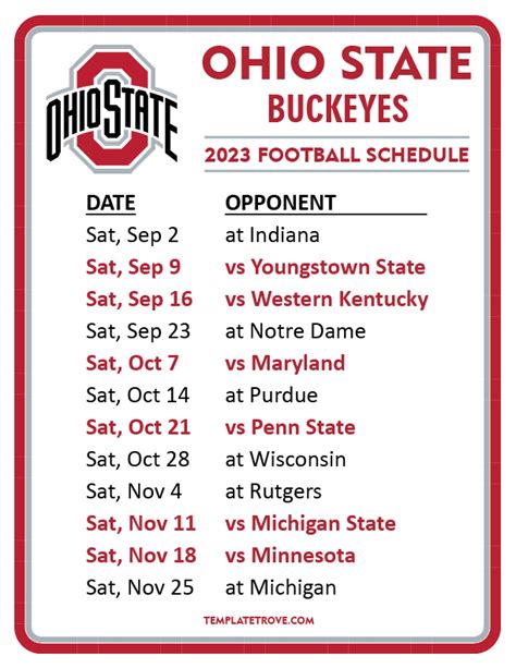 Ohio State Buckeyes Football Schedule Printable