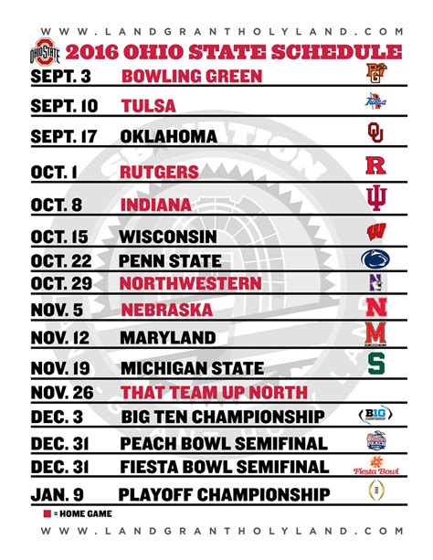 Ohio State Football Calendar 2016