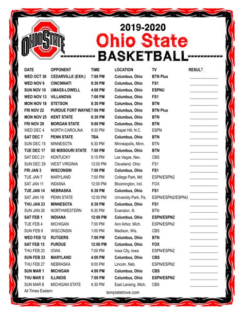 Ohio State Men's Basketball Schedule Printable
