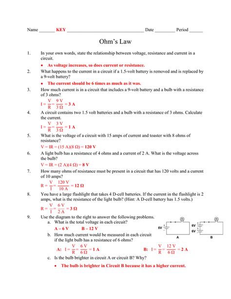 Ohms Law Practice Worksheet Answer Key