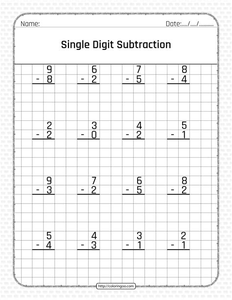 One Digit Subtraction Worksheets