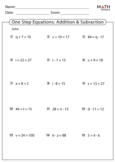 One Step Addition And Subtraction Equations Worksheet