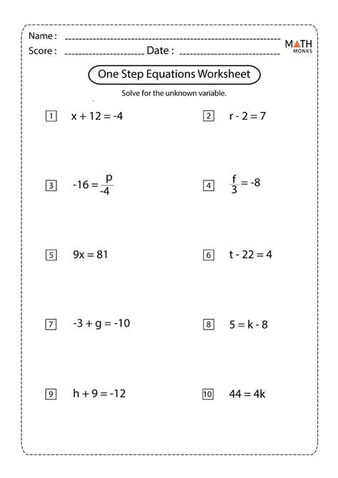 One Step Equations Integers Worksheet Answer Key