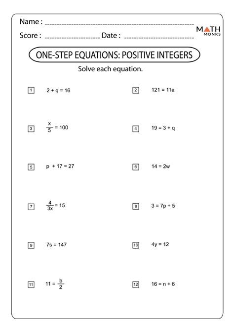 One Step Equations No Negatives Worksheet