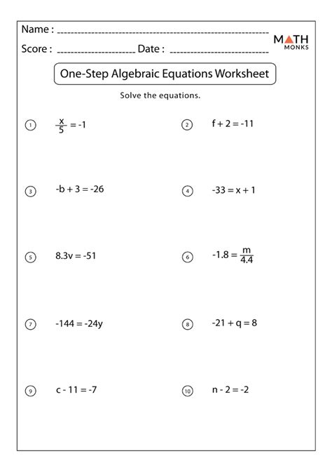 One Step Equations Worksheet 6th Grade