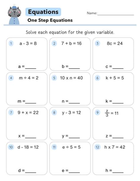 One Variable Equations Worksheets