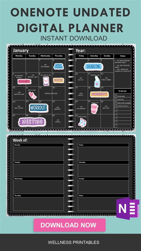 OneNote Template Black Paper Undated Planner - Wellness Printables