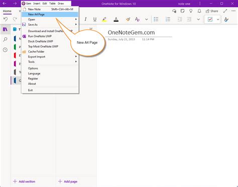 OneNote Windows 10 create page