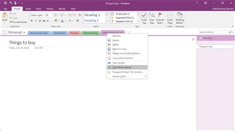 OneNote Windows 10 create section