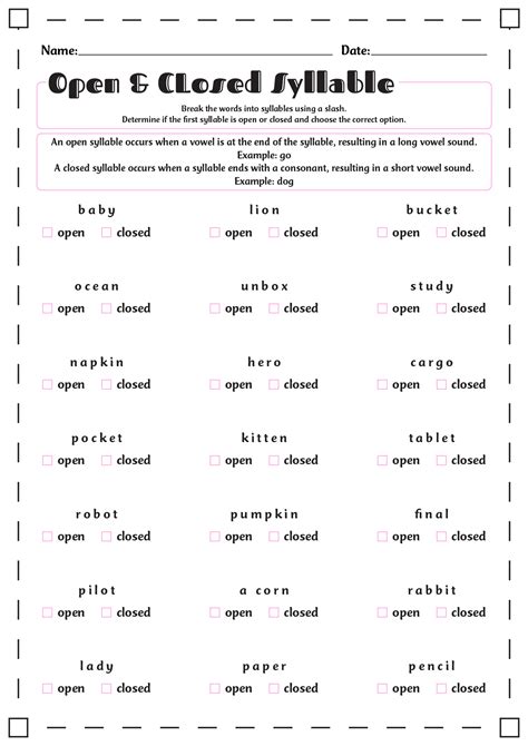 Open And Closed Syllables Worksheets