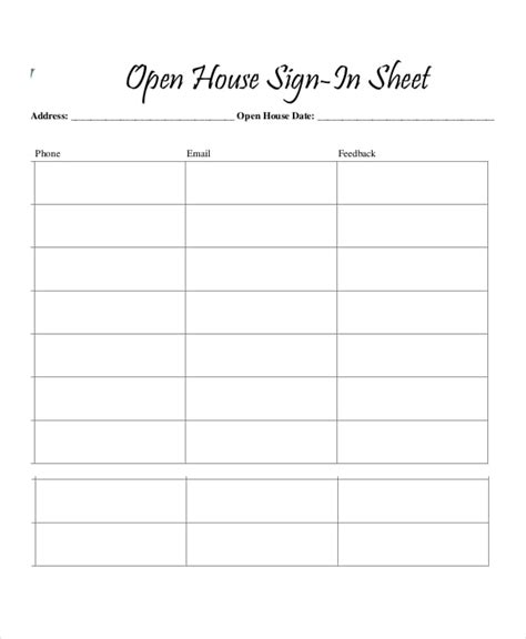 Open House Sign In Sheet Free Printable
