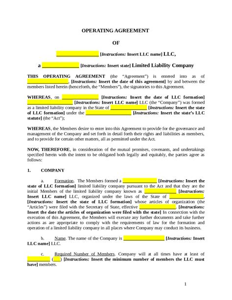 Operating Agreement For Llc Free Template