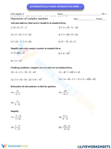 Operations With Complex Numbers Worksheet - Promotiontablecovers
