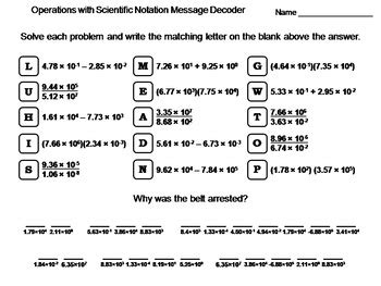 Operations with Scientific Notation Worksheet: Math Message Decoder