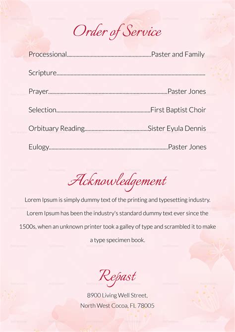 Order Of Service For Funeral Template