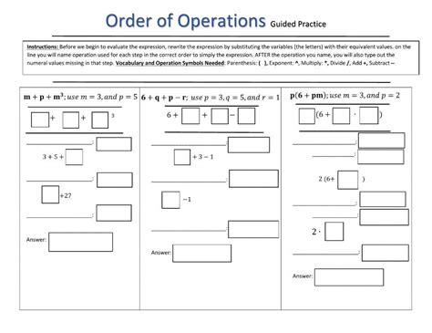 Order Of Operations Worksheet With Variables
