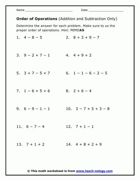 Order Of Operations Worksheets Addition And Subtraction