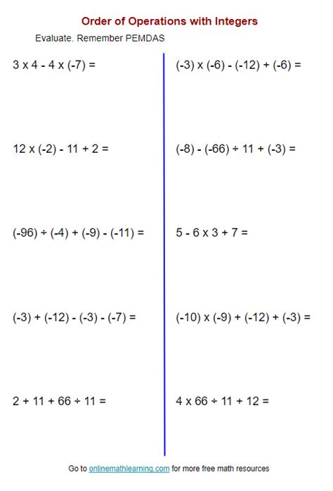 Order Of Operations Worksheets With Integers