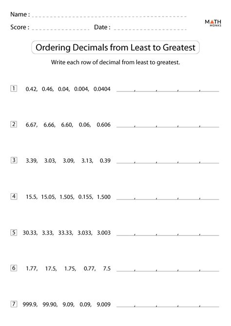 Ordering Decimals From Least To Greatest Worksheet