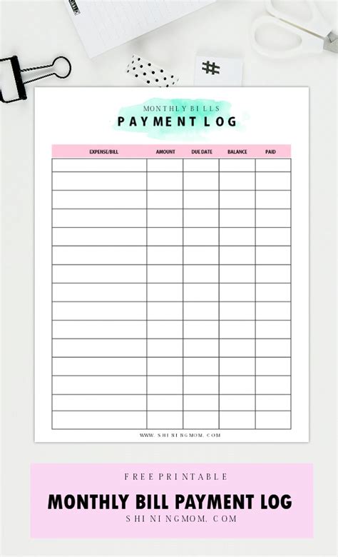Organizer Free Printable Monthly Bill Payment Log