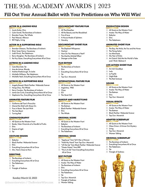 Oscar Ballot 2023 Printable List